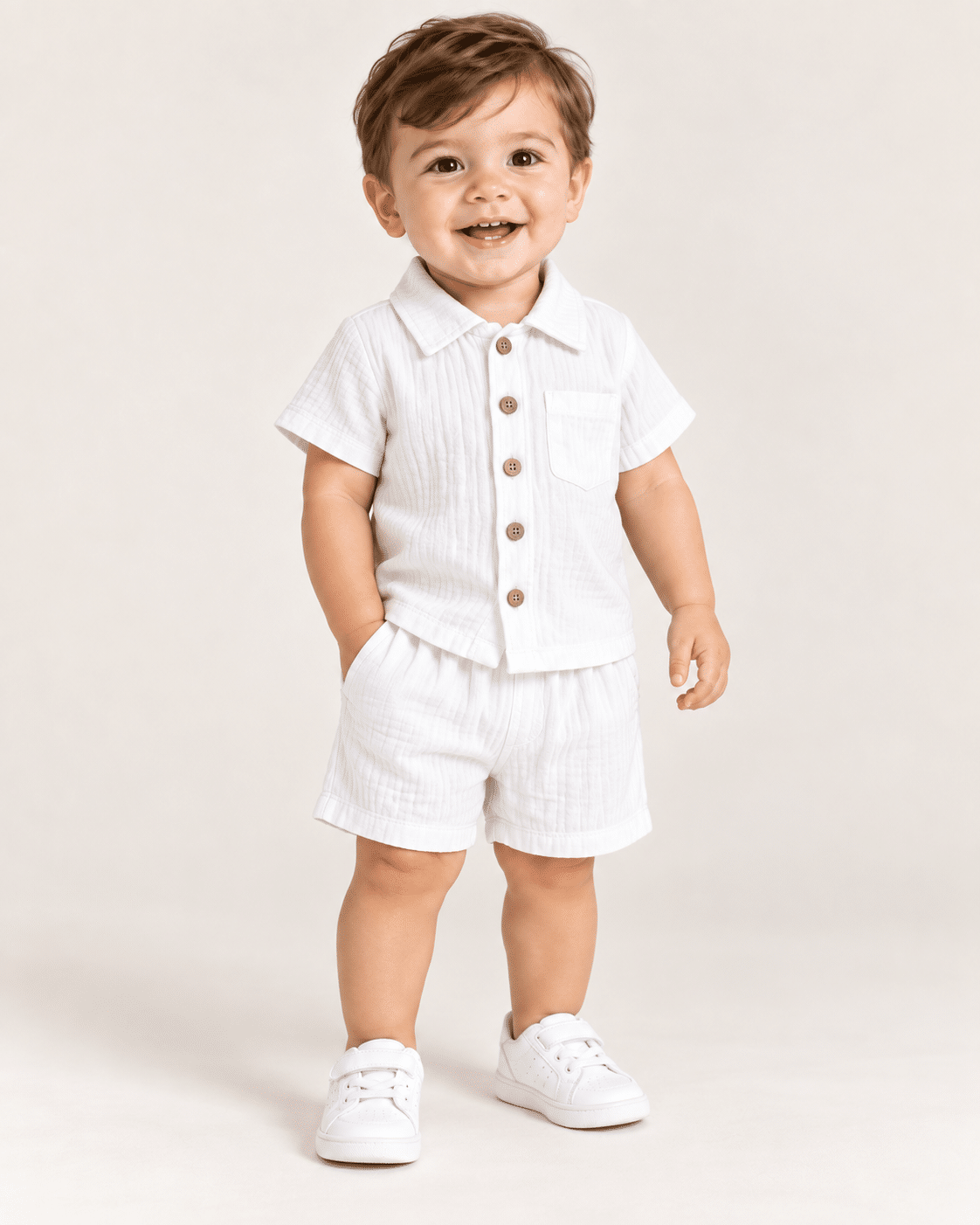 Conjunto Bebê Camisa de Botão e Bermuda Branco Lora Baby