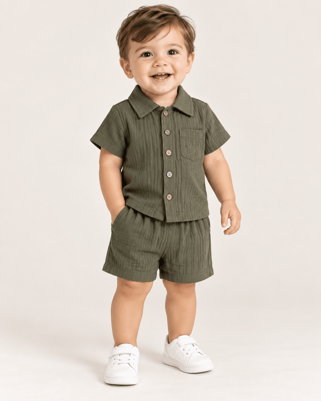 Conjunto Bebê Camisa de Botão e Bermuda Verde Lora Baby