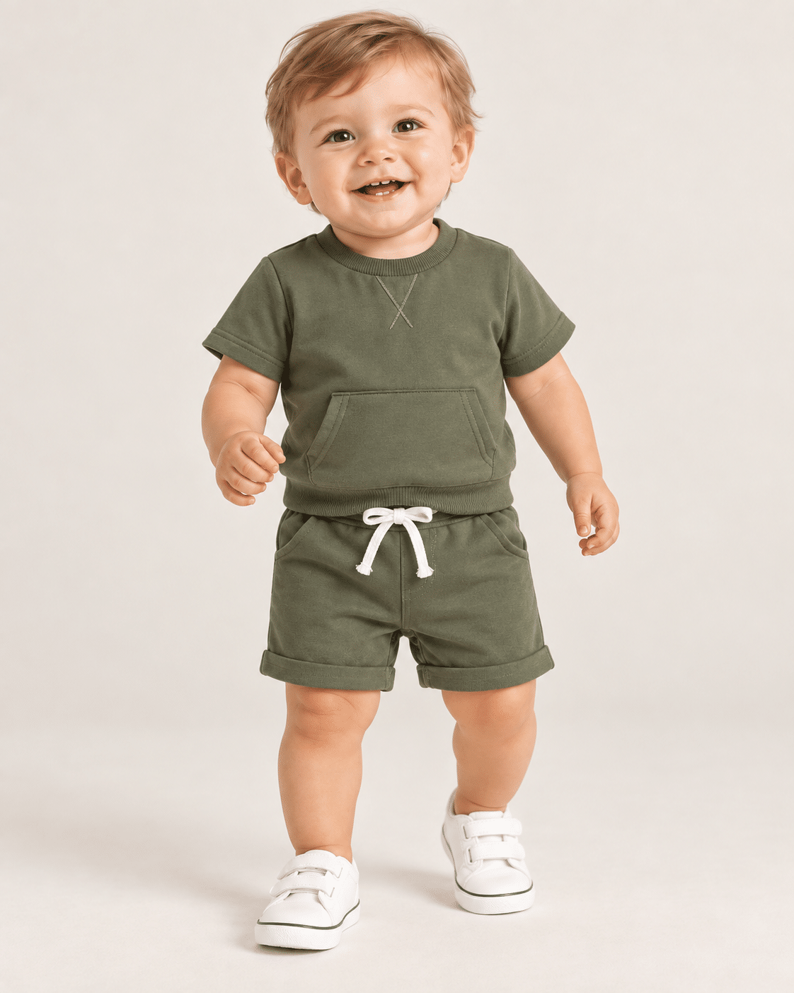 Conjunto Moletom Bebê Camiseta e Bermuda Verde Militar Lora Baby