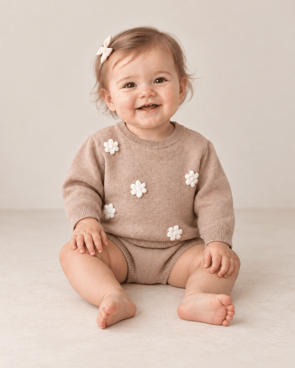 Conjunto de Malha Bordado de Flores Marrompara Bebê Lora Baby