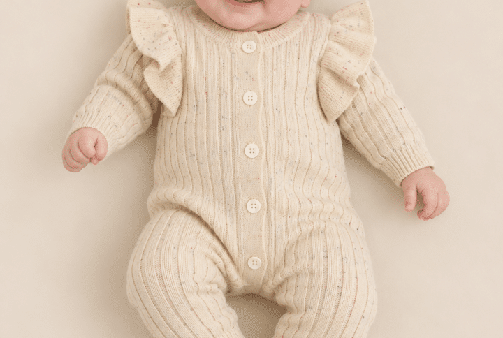 Macacão de Tricô de Botão Cor Nude saída Materninade Bebê Menina 03 a 06 meses Lora Baby
