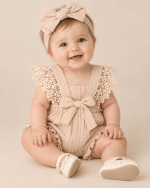 Romper de Malha Macio Nude Bordado com Faixa de Laço Bebe Menina 6 Meses