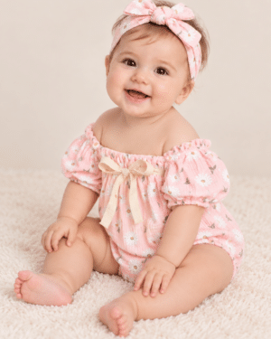 Romper Rosa Bebê Menina Com faixa Lora Baby