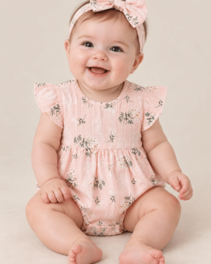 Romper Rosa Floral com Laço Bebe Menina de 3 Meses da Lora Baby