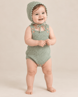 Romper de Lã Verde Bebê Menina com Touca Lora Baby
