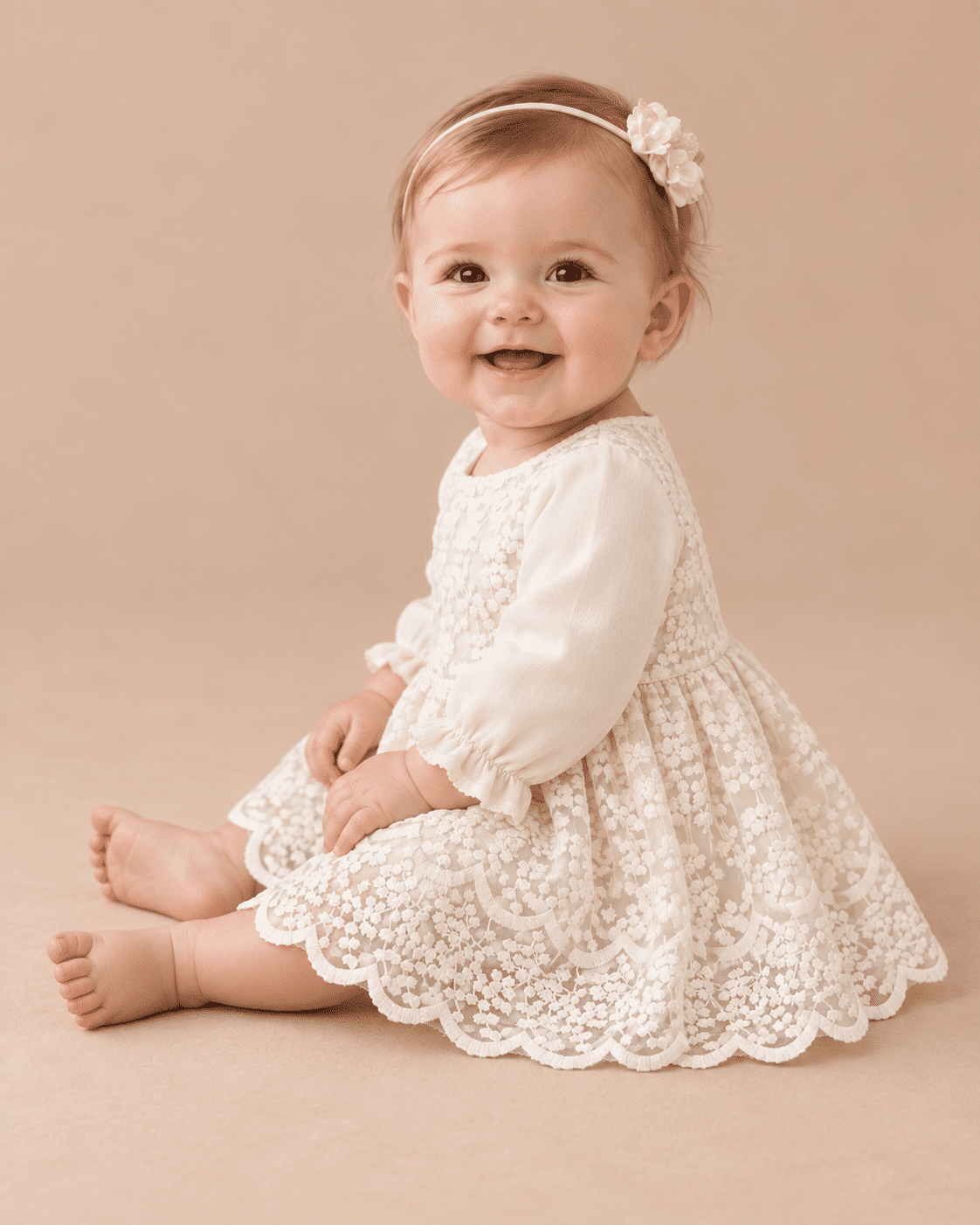 Vestido Batizado de Renda Manga Longa Bebê Menina Detalhe Lora Baby