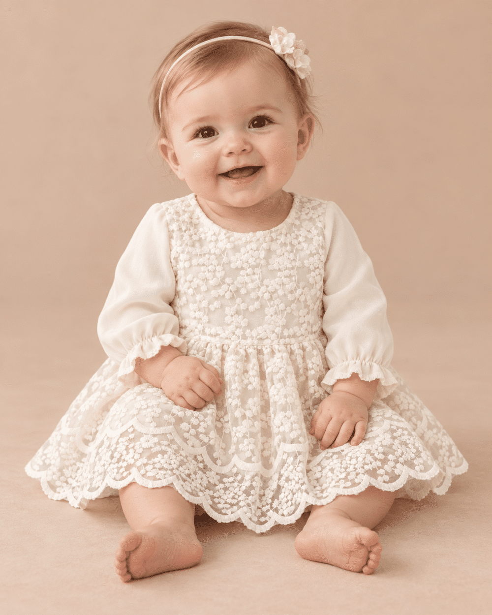 Vestido Batizado de Renda Manga Longa Bebê Menina 0 a 24 meses