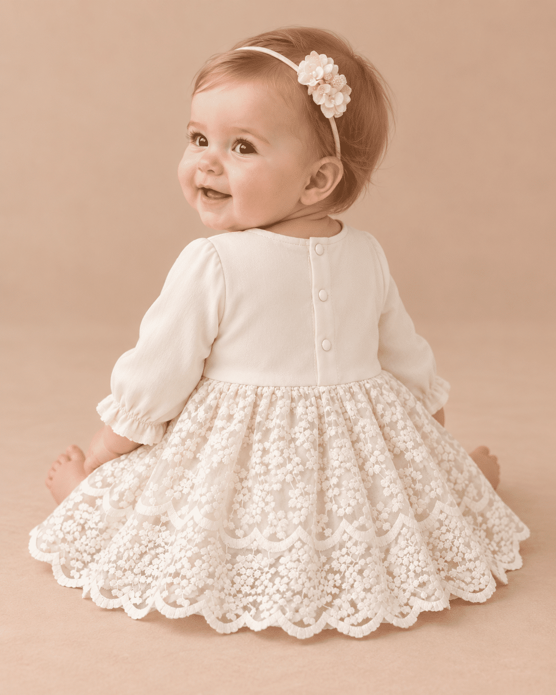Vestido Batizado de Renda Manga Longa Bebê Menina costas Lora Baby